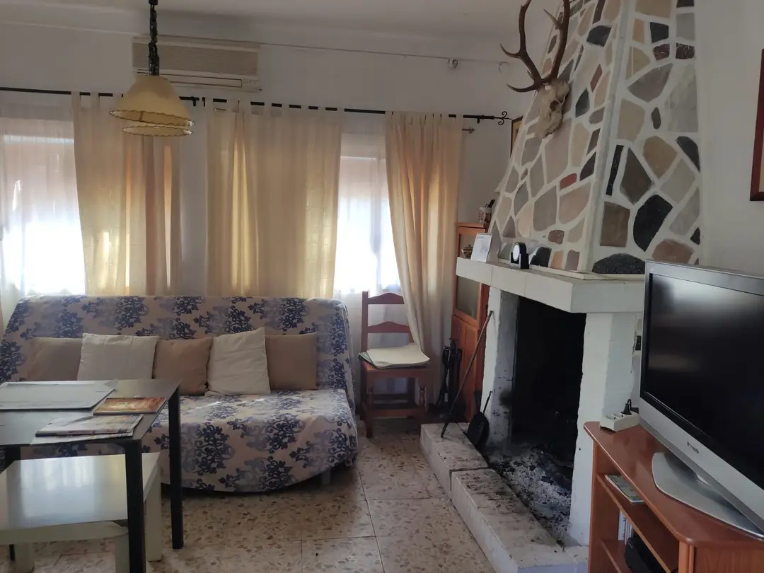Salón con chimenea y sofá – Venta de Parcelas en Córdoba