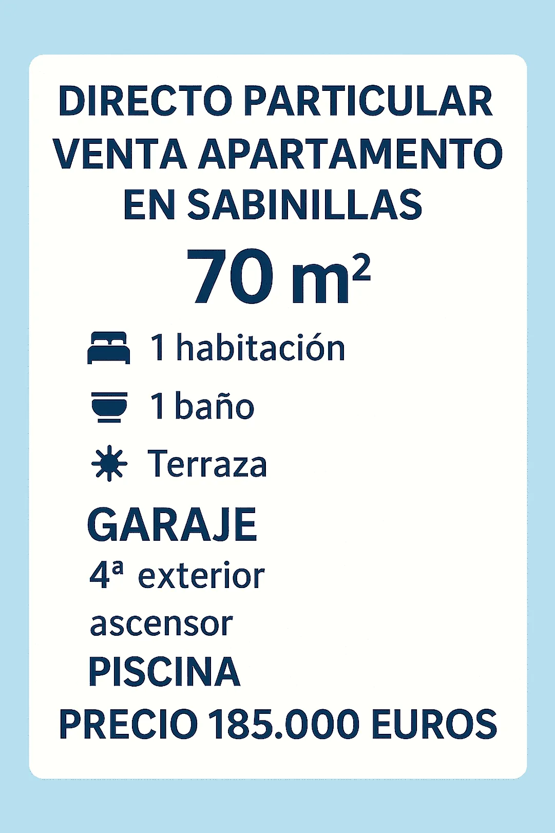 Apartamento en Venta Sabinillas 1 dormitorio garaje y piscina, DIRECTO DE PARTICULAR exterior, terraza, a 300 mts de la playa de Sabinillas